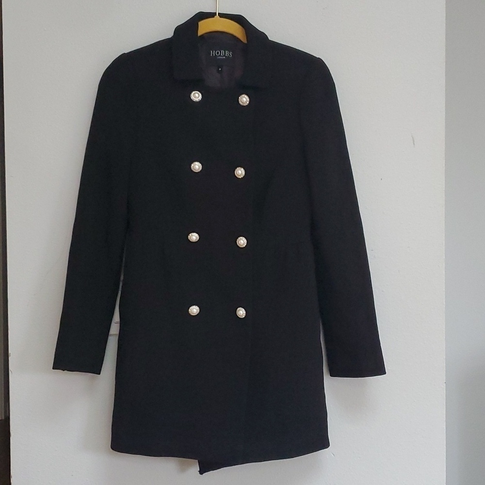 Hobbs London black Italian wool pearl button pea coat
